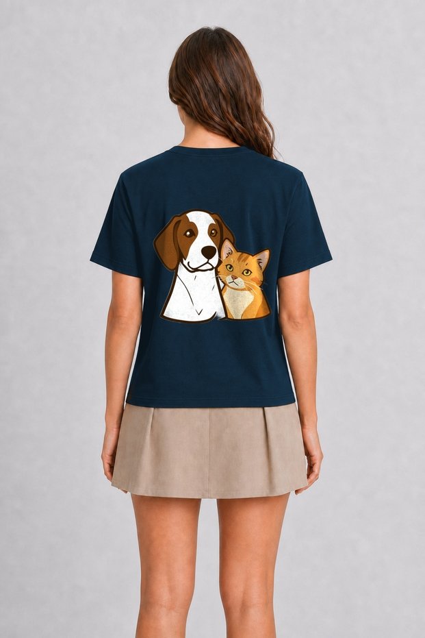 Curious Cat and Dog Minimalist Illustration - Back Print T-Shirt - Navy Blue