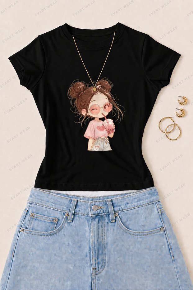 Women's Cute Girl Illustration Printed Cotton Lycra Slim Fit Body T-Shirt - Black