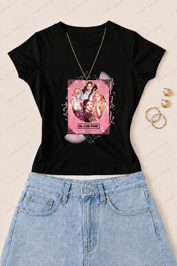 Women's Blackpink Illustration Printed Cotton Lycra Slim Fit Body T-Shirt - Black