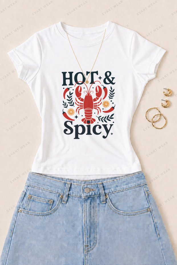 Women's Hot and Spicy Lobster Printed Cotton Lycra Slim Fit Body T-Shirt - White