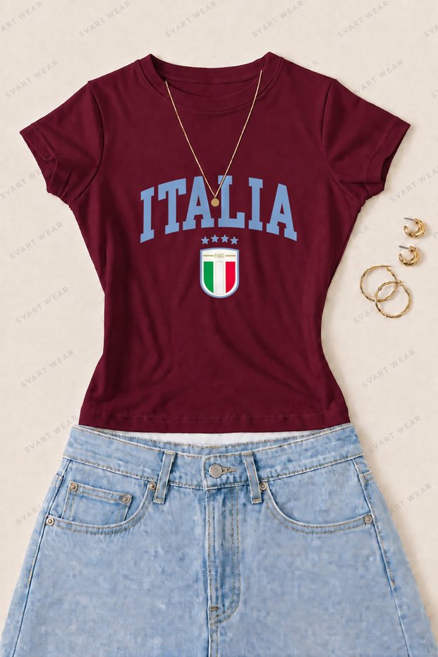Women's Italia Arma Printed Cotton Lycra Slim Fit Body T-Shirt - Burgundy