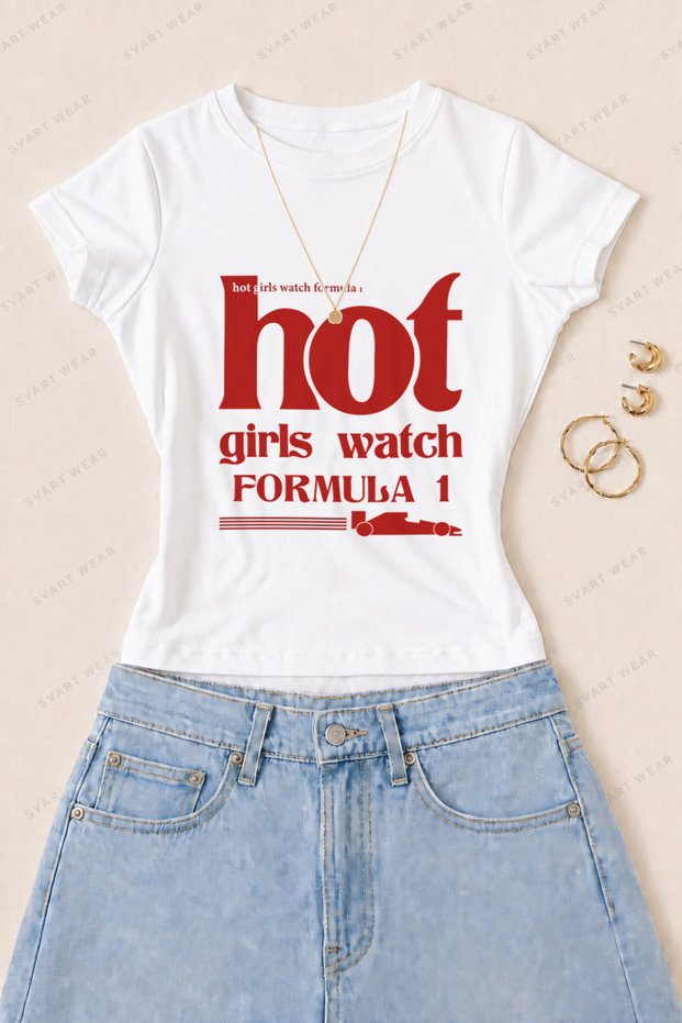 Women's Formula 1 Slogan Printed Cotton Lycra Slim Fit Body T-Shirt - White