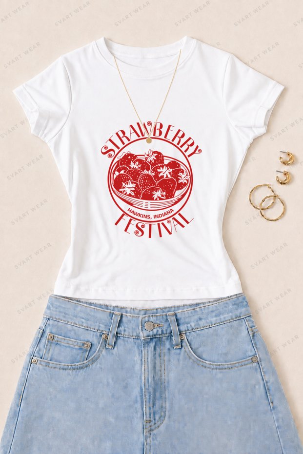 Women's Strawberry Festival Printed Cotton Lycra Slim Fit Body T-Shirt - White