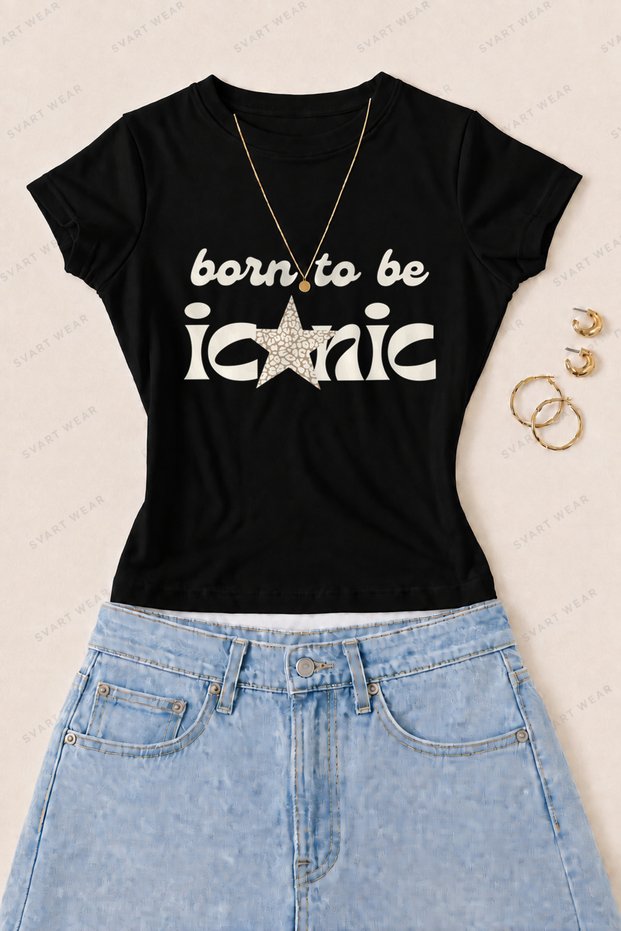 Women's Born to Be Iconic Printed Cotton Lycra Slim Fit Body T-Shirt - Black