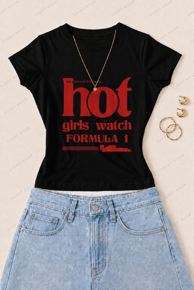 Women's Formula 1 Slogan Printed Cotton Lycra Slim Fit Body T-Shirt - Black