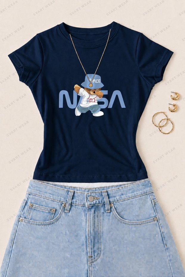 Women's Space Bear Printed Cotton Lycra Slim Fit Body T-Shirt - Navy Blue