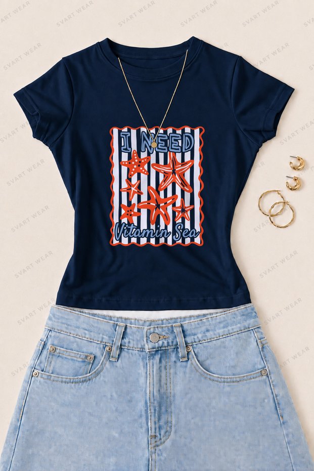 Women's Vitamin Sea Starfish Printed Cotton Lycra Slim Fit Body T-Shirt - Navy Blue
