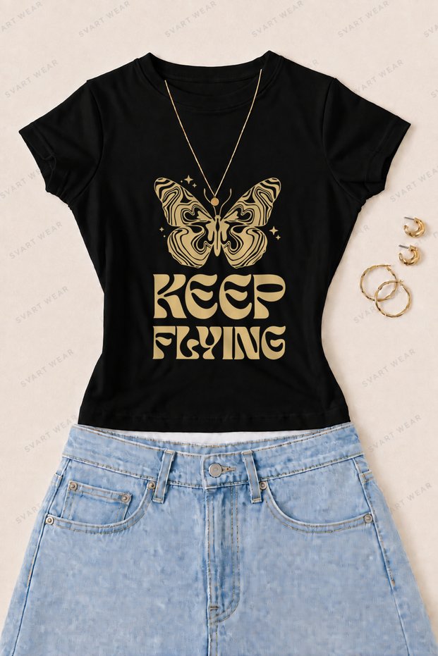 Women's Keep Flying Butterfly Printed Cotton Lycra Slim Fit Body T-Shirt - Black