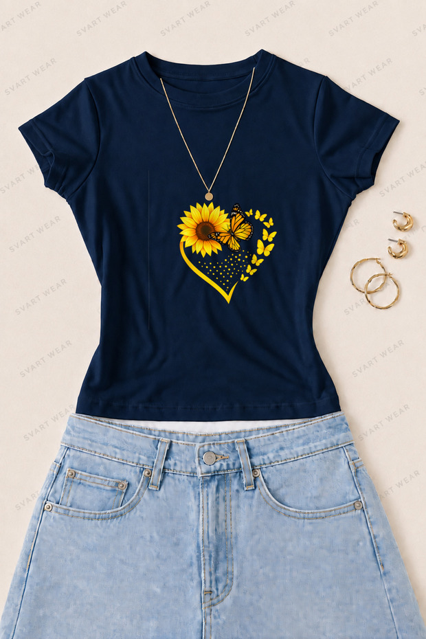 Women's Sunflower and Butterfly Printed Cotton Lycra Slim Fit Body T-Shirt - Navy Blue