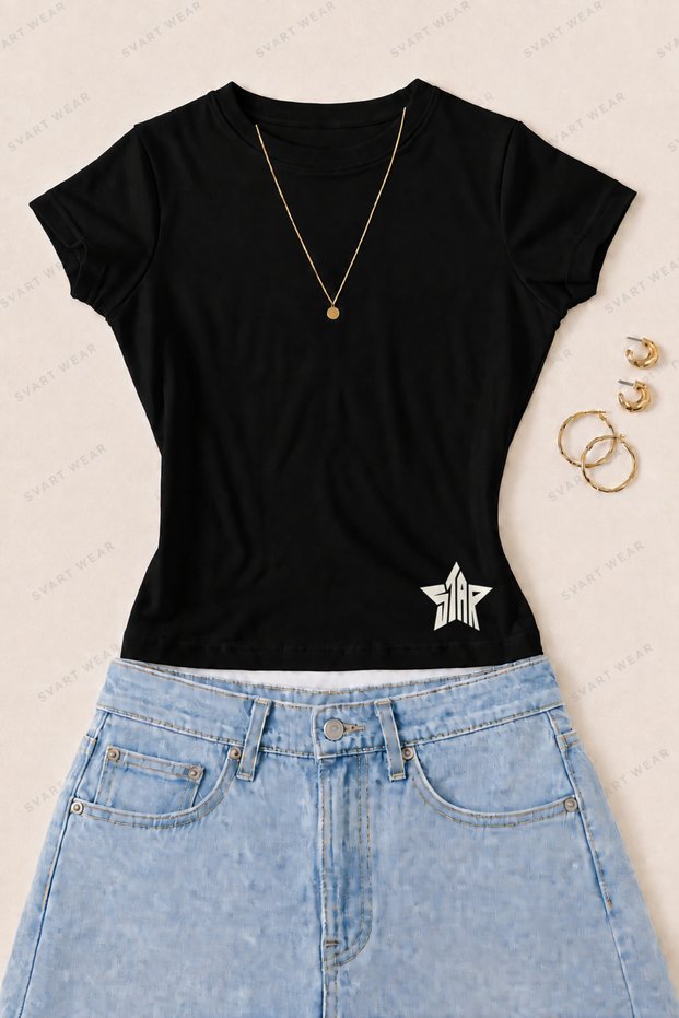 Women's Star Filled Star Printed Cotton Lycra Slim Fit Body T-Shirt - Black