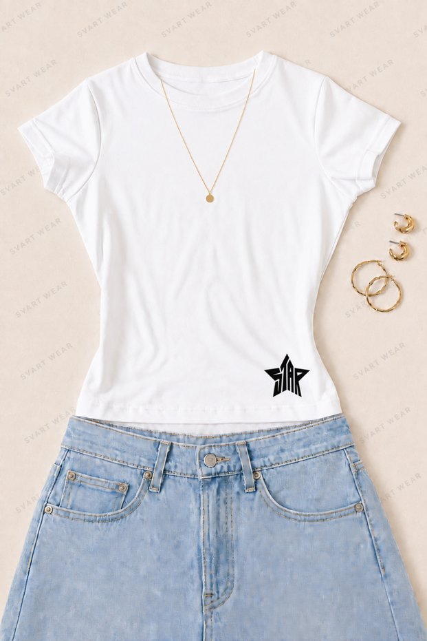 Women's Star Filled Star Printed Cotton Lycra Slim Fit Body T-Shirt - White