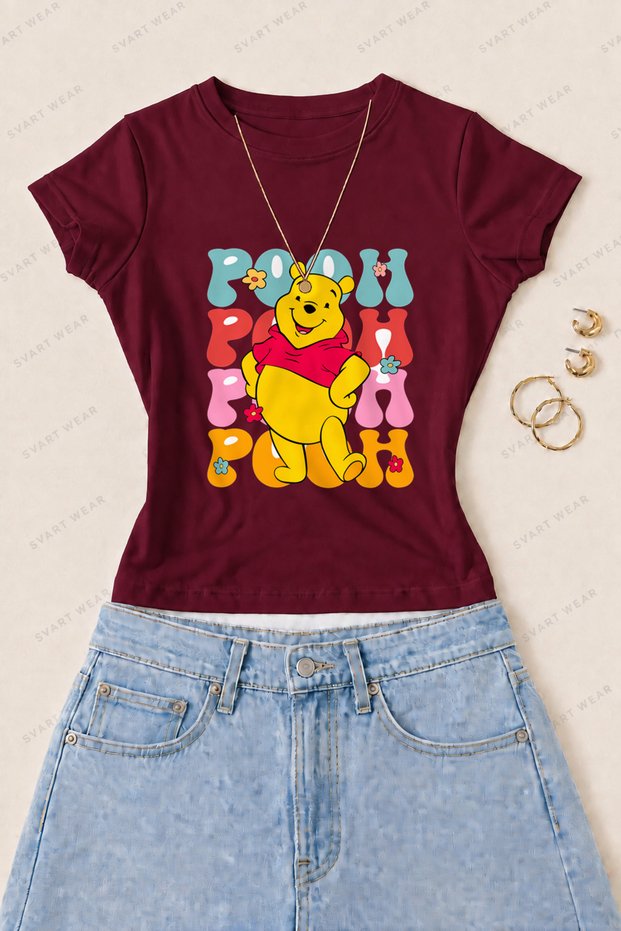 Women's Winnie the Pooh Printed Cotton Lycra Slim Fit Body T-Shirt - Claret Red