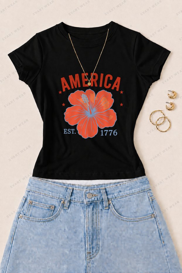 Women's America Hibiscus Printed Cotton Lycra Slim Fit Body T-Shirt - Black
