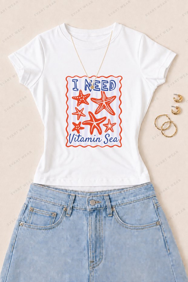 Women's Vitamin Sea Starfish Printed Cotton Lycra Slim Fit Body T-Shirt - White