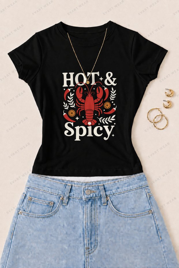 Women's Hot and Spicy Lobster Printed Cotton Lycra Slim Fit Body T-Shirt - Black