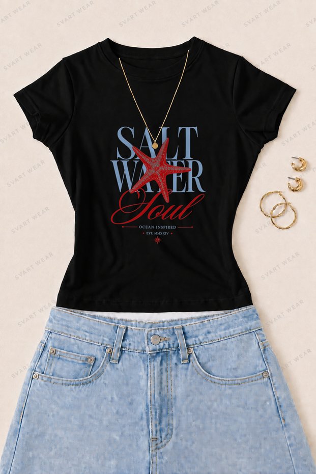 Women's Salt Water Soul Printed Cotton Lycra Slim Fit Body T-Shirt - Black