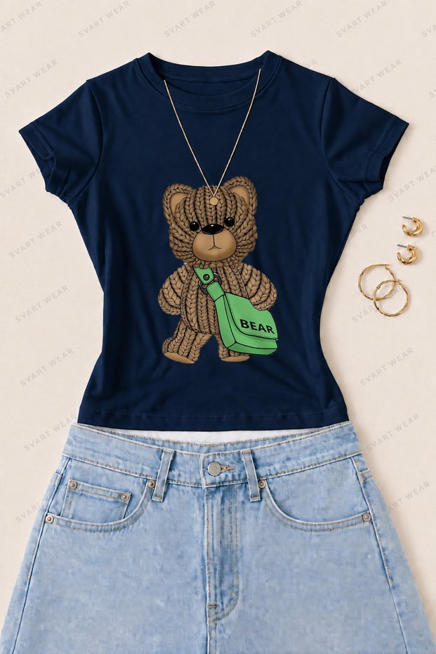 Women's Knitted Teddy Bear Printed Cotton Lycra Slim Fit Body T-Shirt - Navy Blue