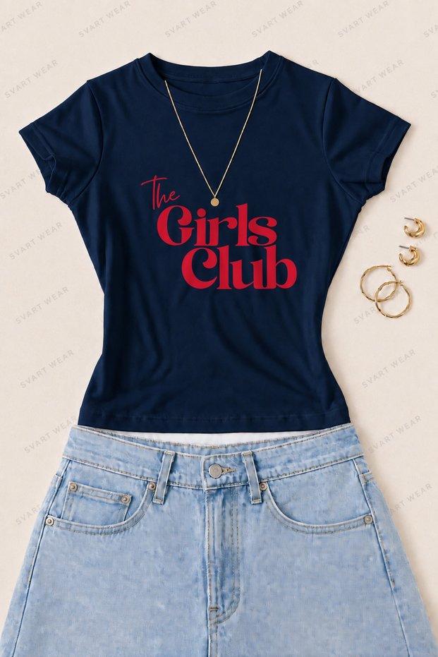 Women's the Girls Club Printed Cotton Lycra Slim Fit Body T-Shirt - Navy Blue
