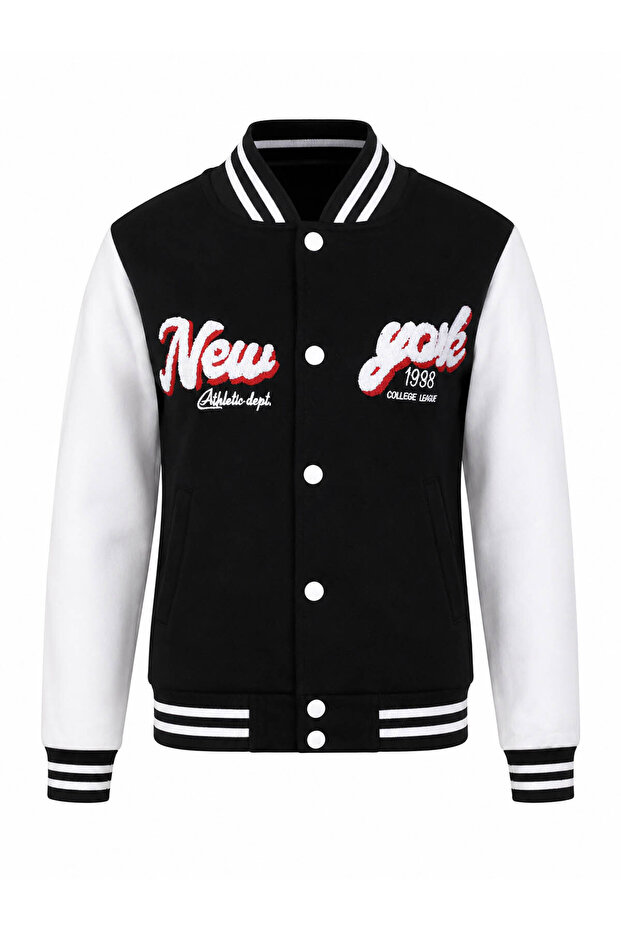 Buttoned New York Print 3 Thread College Black - White Boys' Sweatshirt 8087