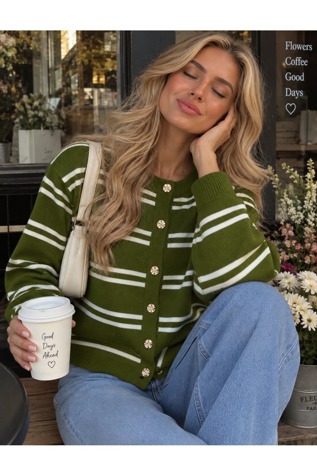 Amsterdam Women's Khaki Oil Green Striped Buttoned Crew Neck Knitwear Cardigan