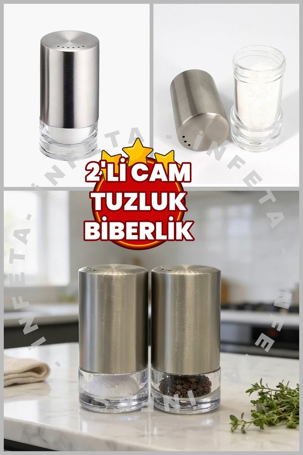 Set of 2 Stainless Steel Glass Cylindrical Salt and Pepper Shakers - Stylish Acrylic Salt and Pepper Shakers