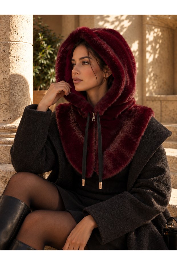 Women's Burgundy Hooded Plush Neck Collar Byn06