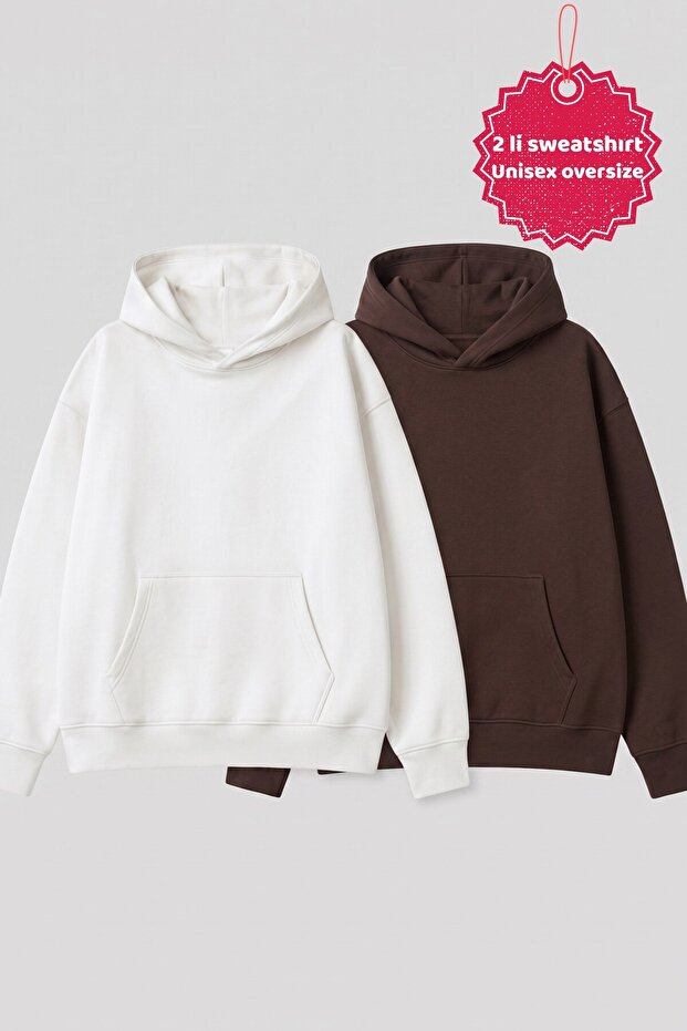 Unisex 2-Piece Oversize Basic Hoodie White & Brown – Hooded, with Pockets, 3-Thread Ribbed Fleece