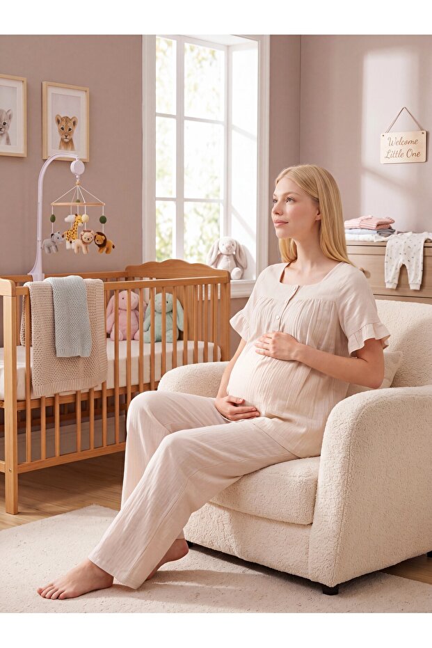New Season Light Beige Muslin Fabric Button Detailed Design Short Sleeve 100% Cotton Maternity Pajama Set