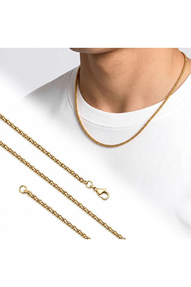 💎 Premium Shiny and Stylish Wicker Weave Men's Steel Necklace 2mm 55cm 3183Eck040 - Gold Color