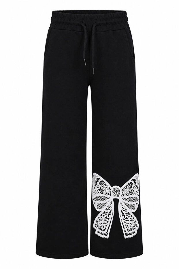 Ribbon Print 2-Strand Black Girls' Sweatpants 8076