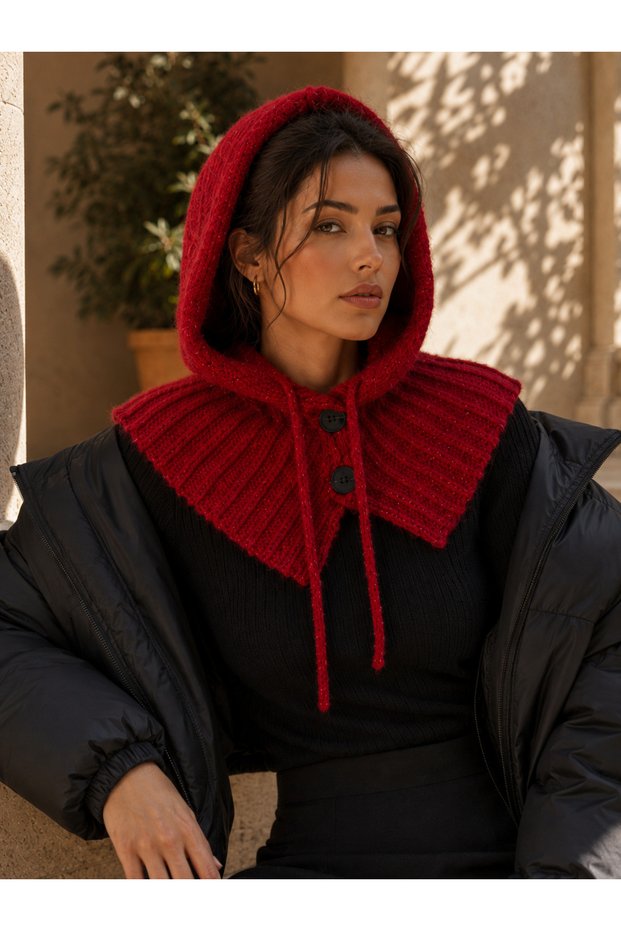 Women's Burgundy Knitwear Balaklava Neck Collar Byn09