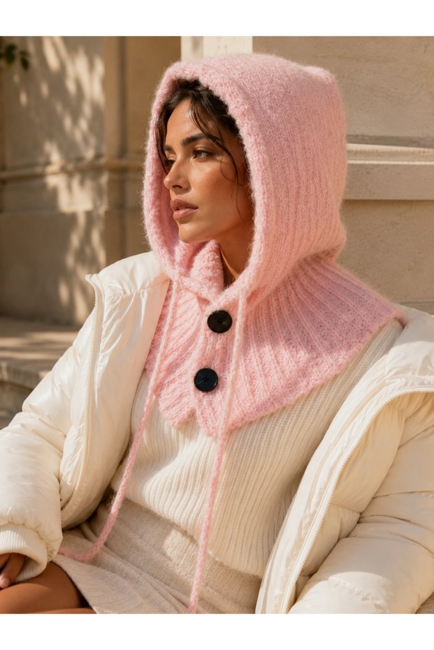 Women's Pink Knitwear Balaclava Neck Collar Byn09