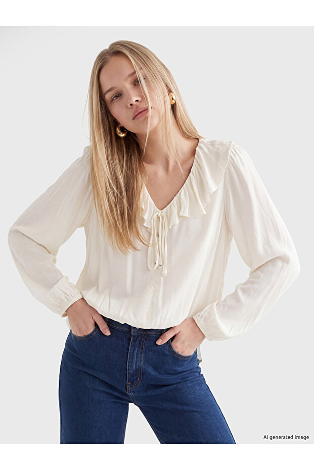 Rmz Gi̇yi̇m Farkiyla Tie-Back Roba Collar Ruffle Blouse