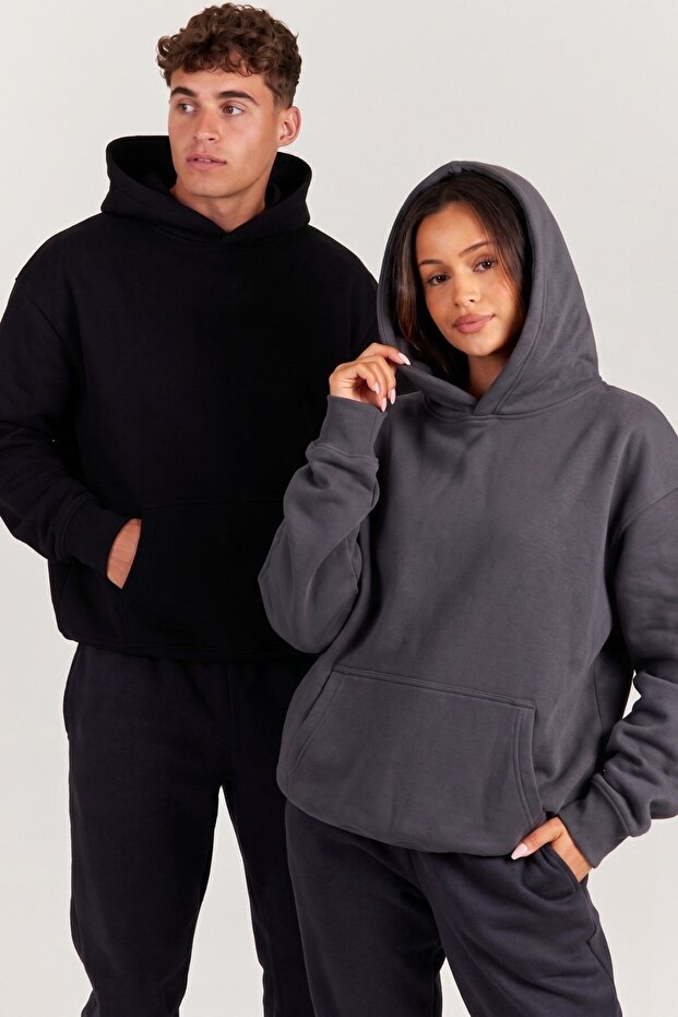 Unisex 2-Piece Oversize Basic Hoodie Black & Smoked – Hooded, with Pockets, 3-Thread Ribbed Fleece