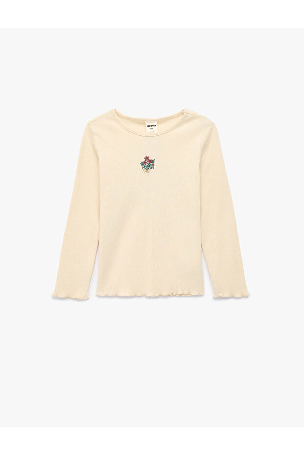 Ribbed Crew Neck Floral Embroidered Long Sleeve T-Shirt