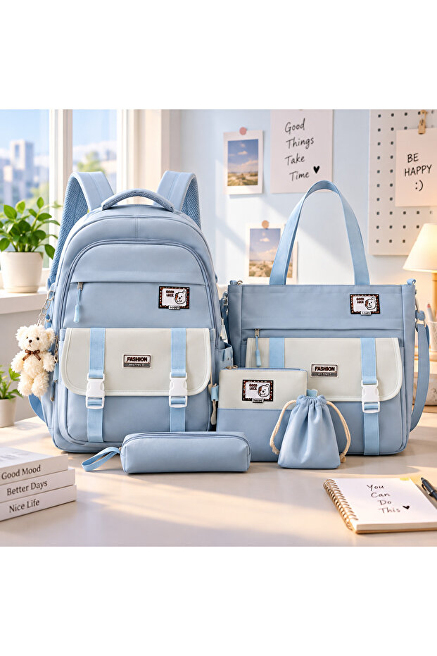 5-Piece School Backpack Set with Tote Bag, Pencil Case, Zip Pouch & Drawstring Pouch
