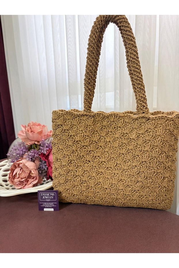 Mink Color Handmade Paper Strap Knitted Daily Shoulder Bag - Lined