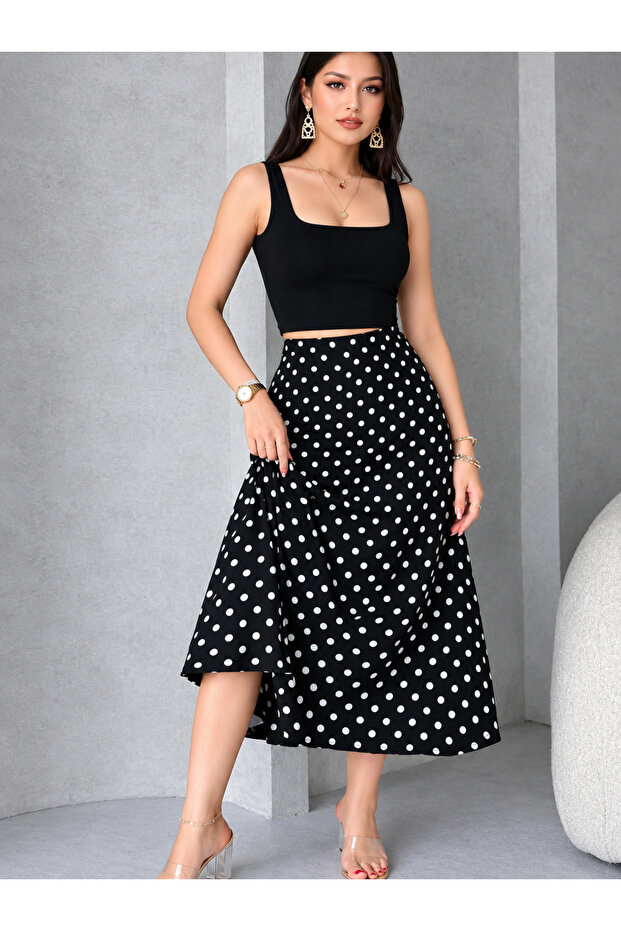 Black Polka Dot Ruffled Flared Women's Long Skirt