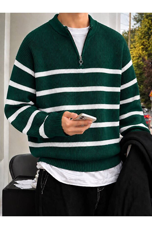 Men's Striped Knitwear Sweater Half Zipper Stand Collar Oversize Ribbed Long Sleeve Sweat Pullover