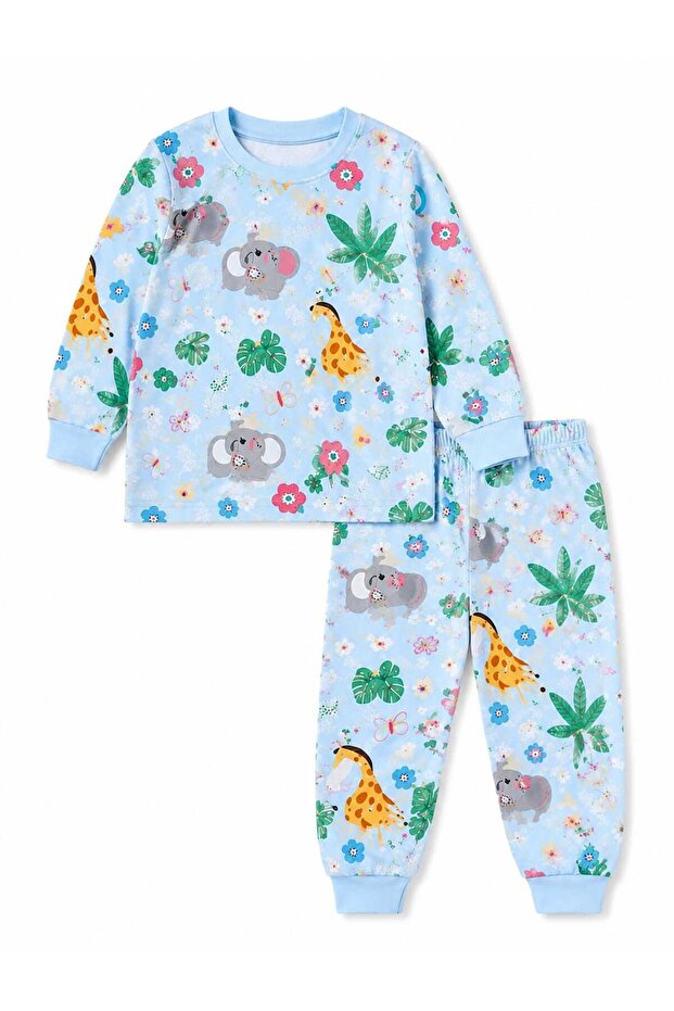 Girl Cotton Long-Sleeve Blue Crew Neck Pajama Set