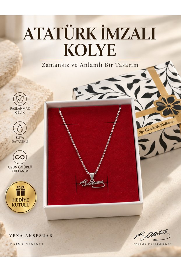 Ataturk Signed Steel Necklace Ghost Chain Women Men Unisex Gift in Box