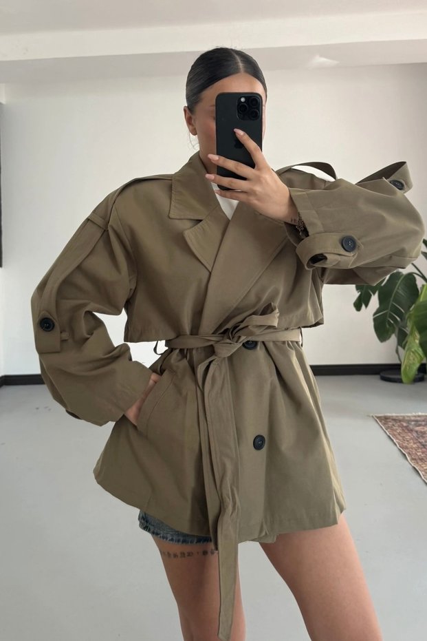 New Season Women's Oversize Belt Detailed Double-Breasted Collar Midi Trench Coat