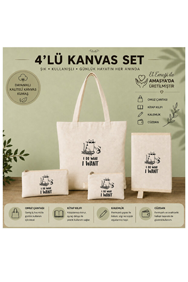 4-Piece Canvas Handmade Bag Set, Shoulder Bag, Book Cover, Wallet and Pen Holder, Bag Set, Book Bag, Gift Bag Set, Book Lover Gift, Organizer, Notebook Agenda Cover