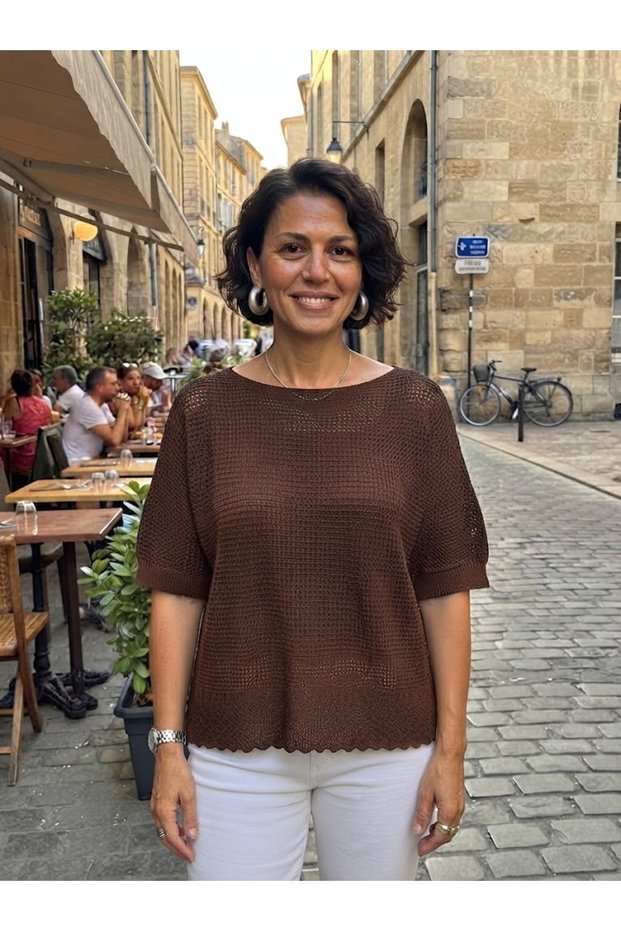 Women's Brown Mesh Skirt Part Lace Short Sleeve Belt Length 100% Acrylic Knitwear Blouse Sweater