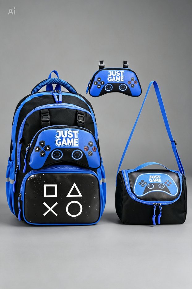 Gamer Joistik Patterned Primary School Bag Set with Thermal Lunch Box and Pen Case Boys' School Bag Kids' Backpack