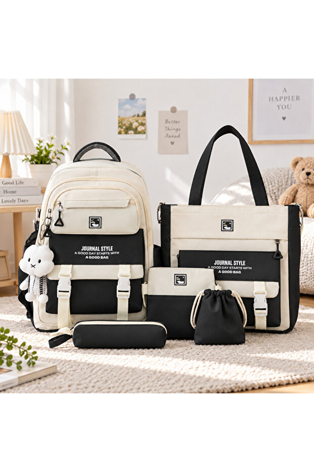 5-Piece Backpack and Tote Bag Set with Matching Pouches, Two-Tone Casual Multi-Bag Set