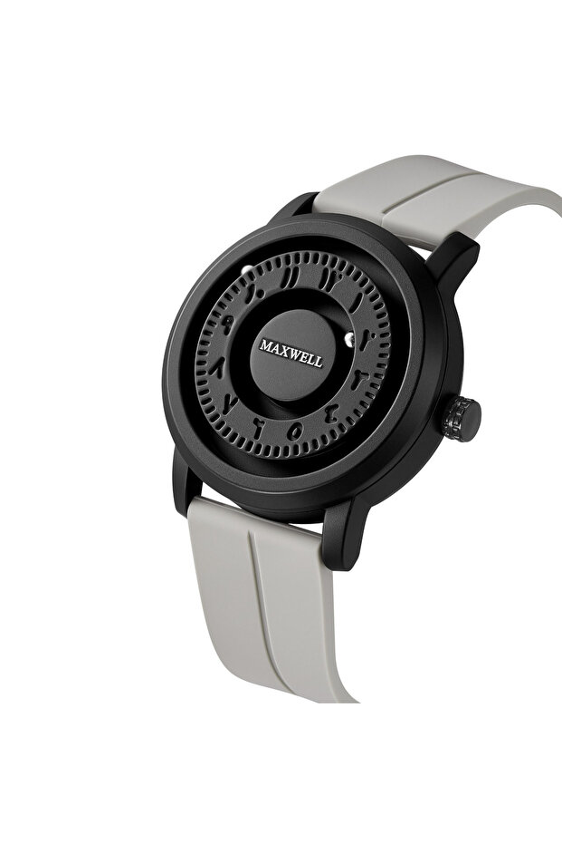 ساعة يد سوداء بتصميم دائري غير تقليدي وسوار رمادي فاتح Black Wristwatch with Unique Circular Dial and Light Gray Strap