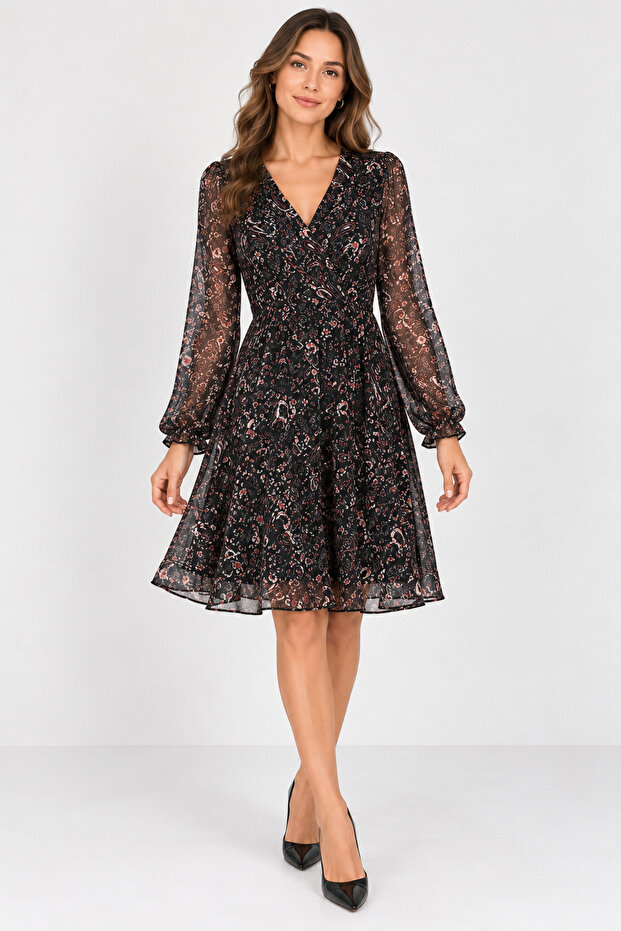 Women's Double-Breasted Long Sleeve Midi Length Black Patterned Dress