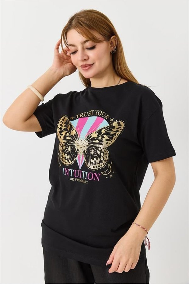 Black Cotton Textured Crew Neck Short Sleeve Standard Cut Butterfly Printed Knitted T-Shirt