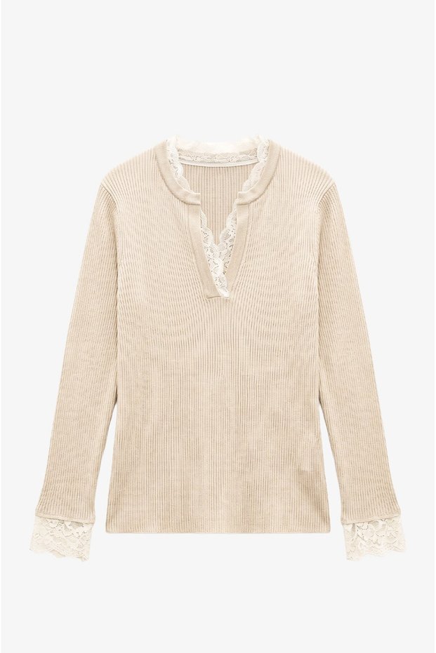 Cream Colored Ribbed Sweater with Lace Detail on the Collar
